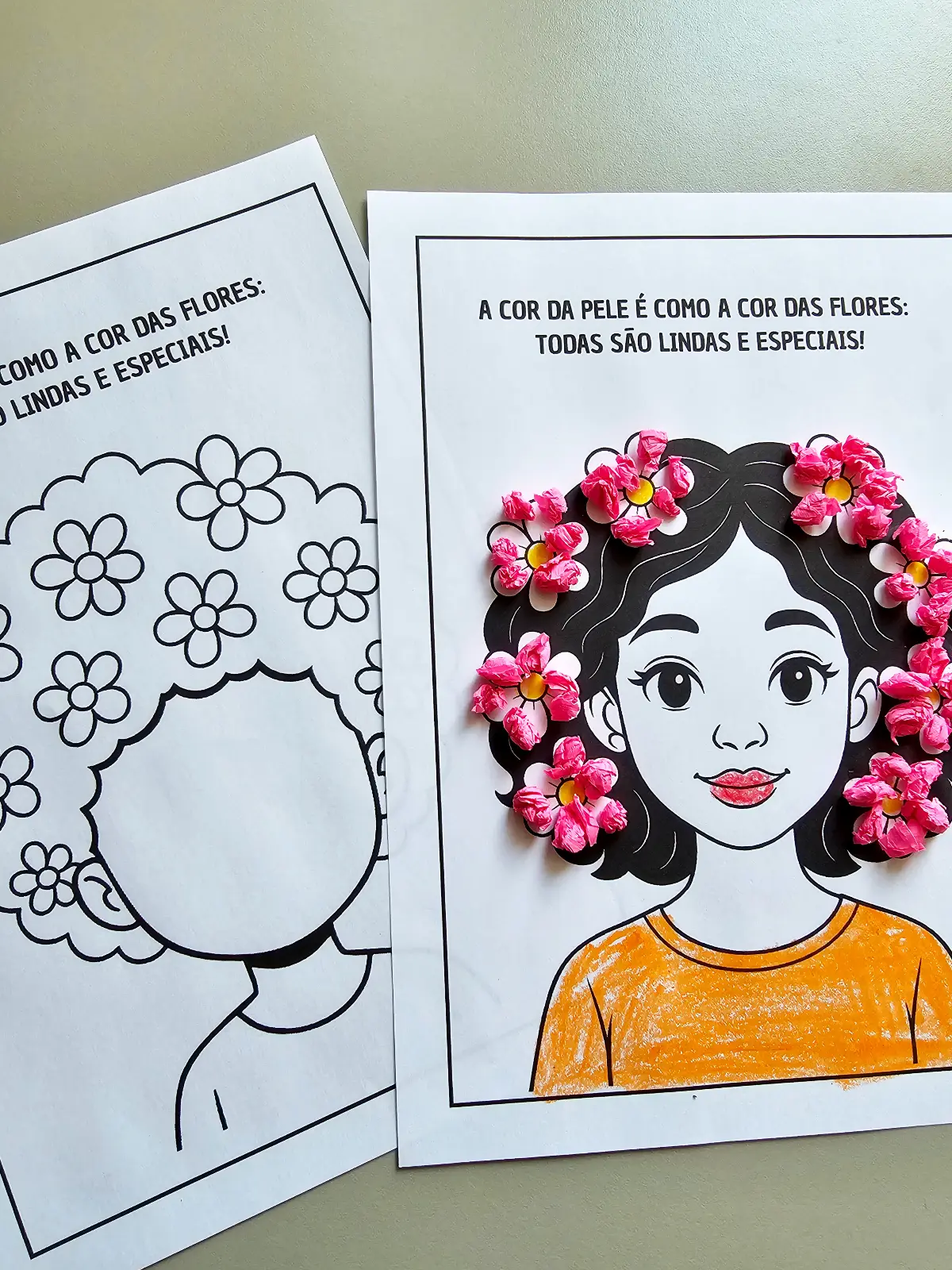 Atividade de arte para trabalhar Consciência Negra, diversidade e respeito às diferenças usando flores e diferentes representações de tons de pele.
