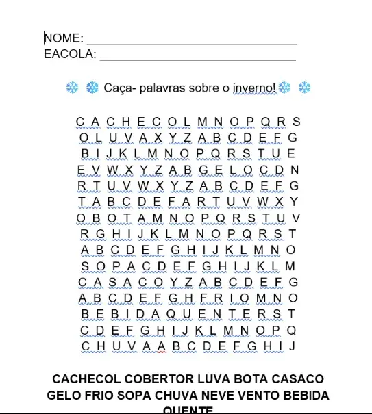 Caça-palavras sobre o inverno
