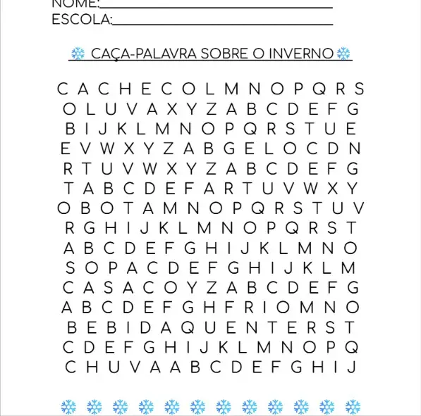 Caça-palavras sobre o inverno