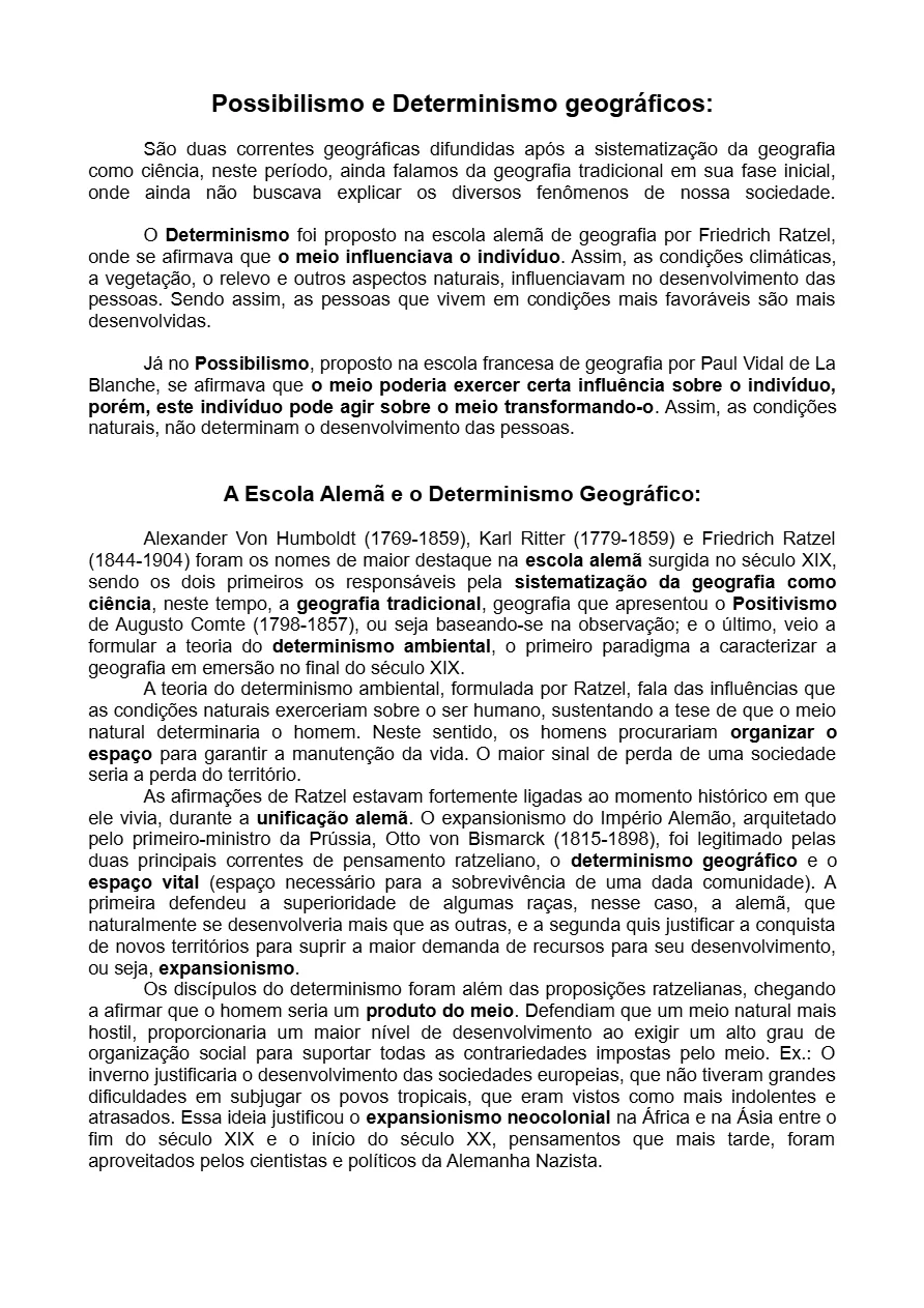 Resumo (pouco mais de 1 folha) sobre o Possibilismo e Determinismo geográficos - Escolas francesa e alemã de geografia - Para Ensino Médio e Faculdade