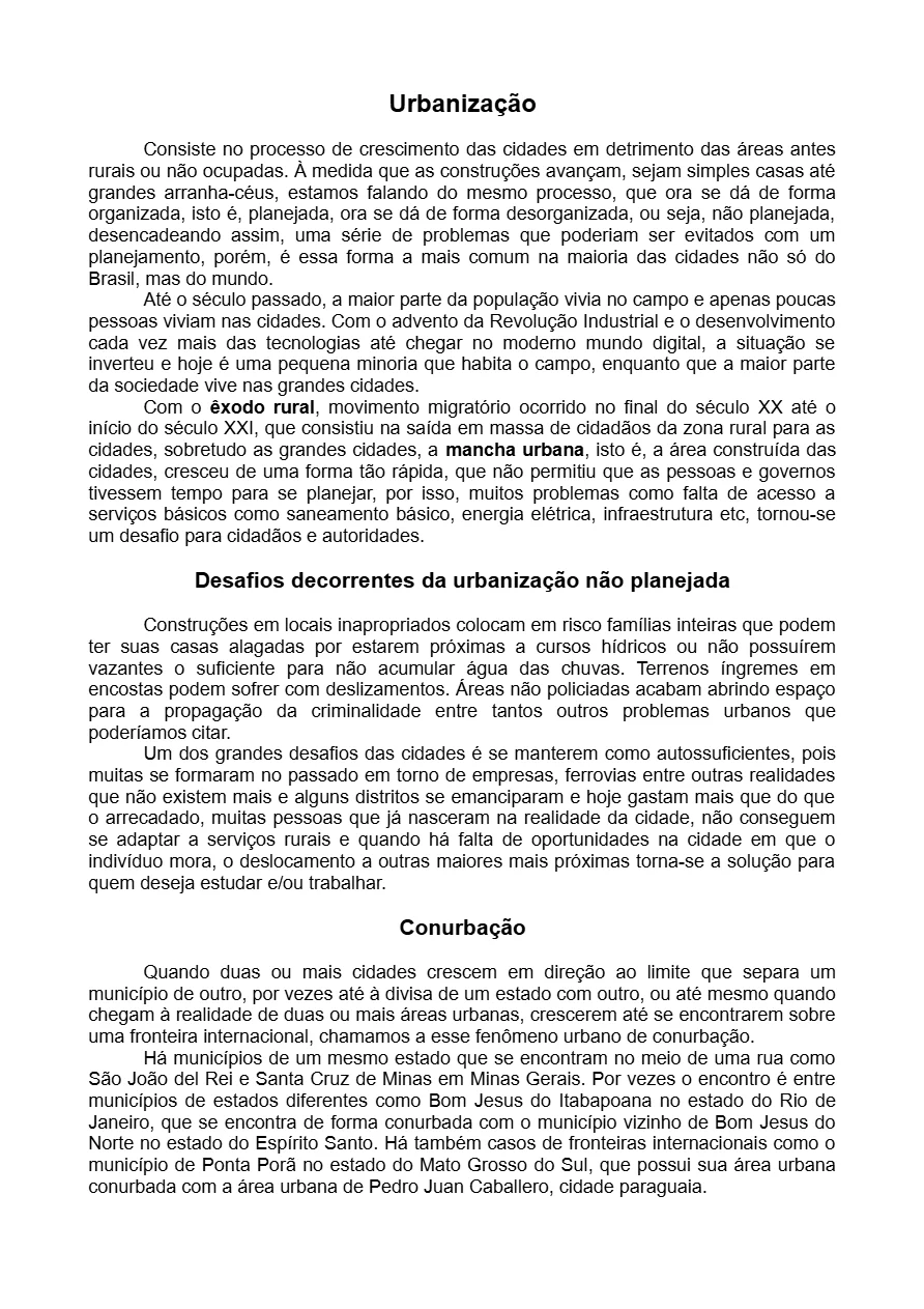 Resumo de 1 folha sobre Urbanização, seus desafios e conurbação