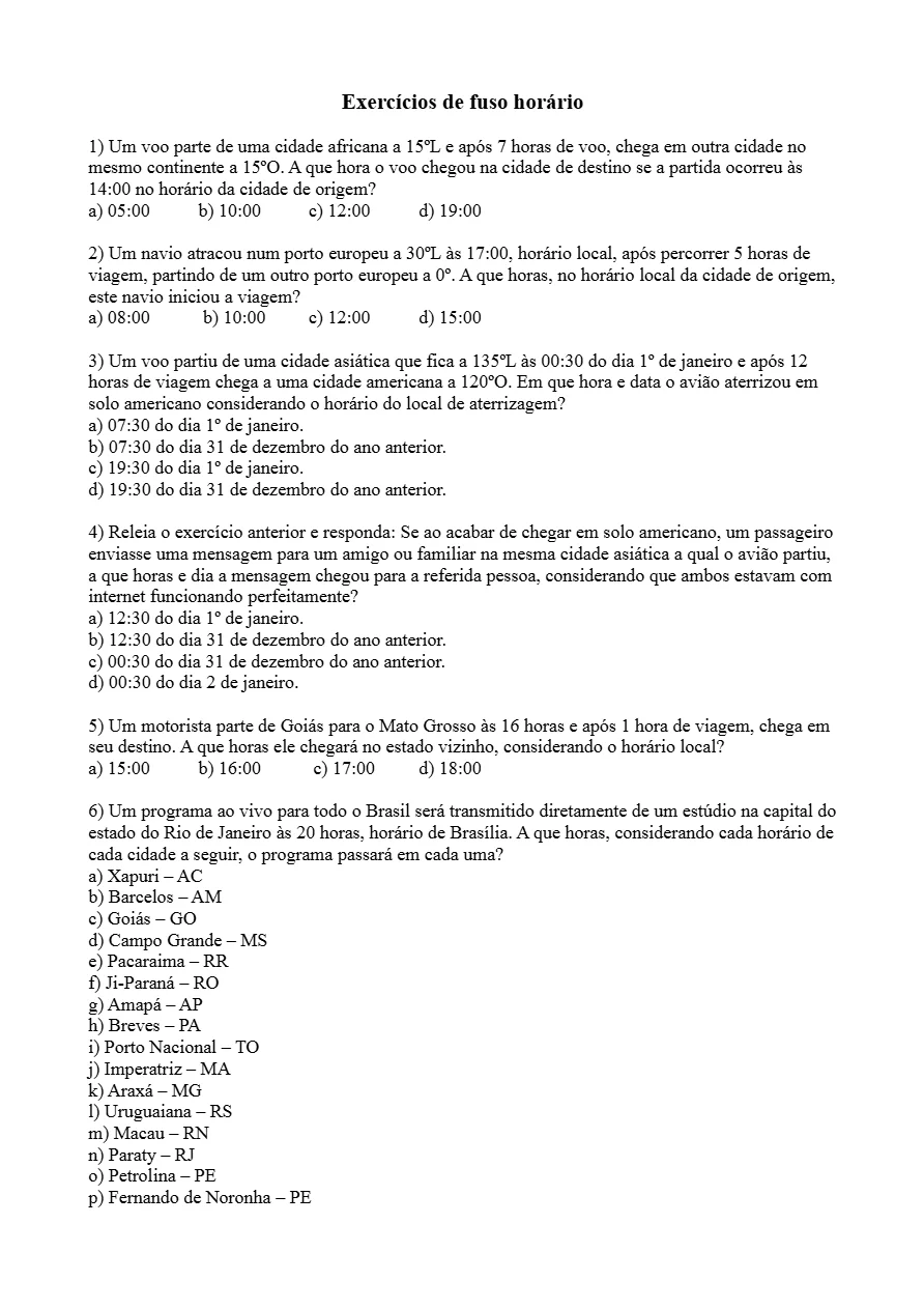 Exercícios de fusos horários: Brasil e Mundo