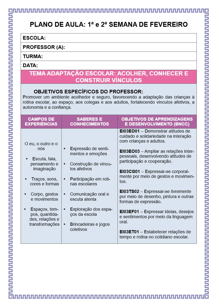 PLANO DE AULA PRÉ-ESCOLA 4 E 5 ANOS 