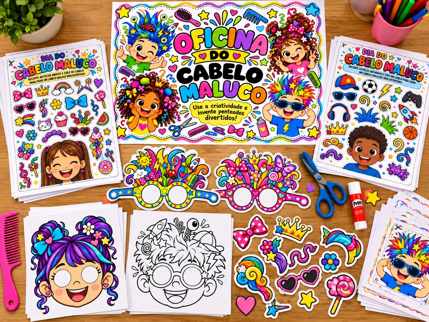 Kit Oficina do Cabelo Maluco – Painel, Óculos, Máscaras e Atividades de Recorte