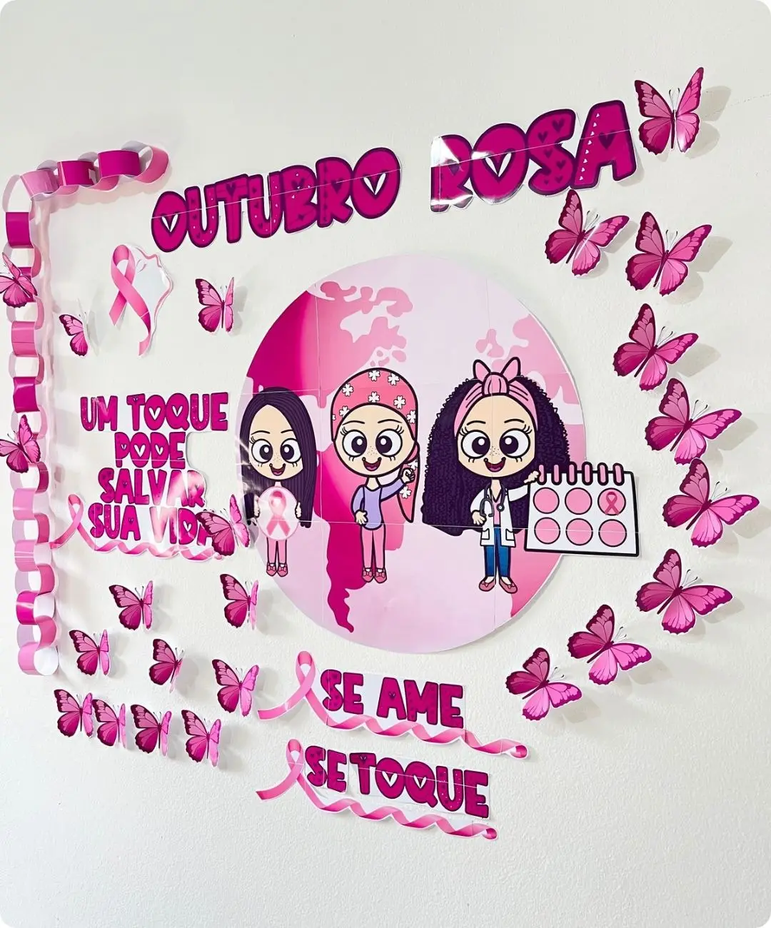 Painel Outubro Rosa Para Imprimir com Borboletas 3D