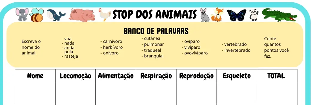 Jogo STOP características dos animais 3º ano
