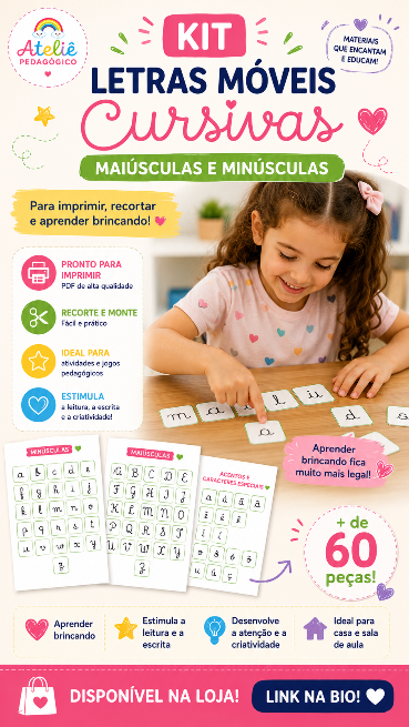 Kit Letras Móveis Cursivas Maiúsculas e Minúsculas | PDF para Imprimir | Alfabetização